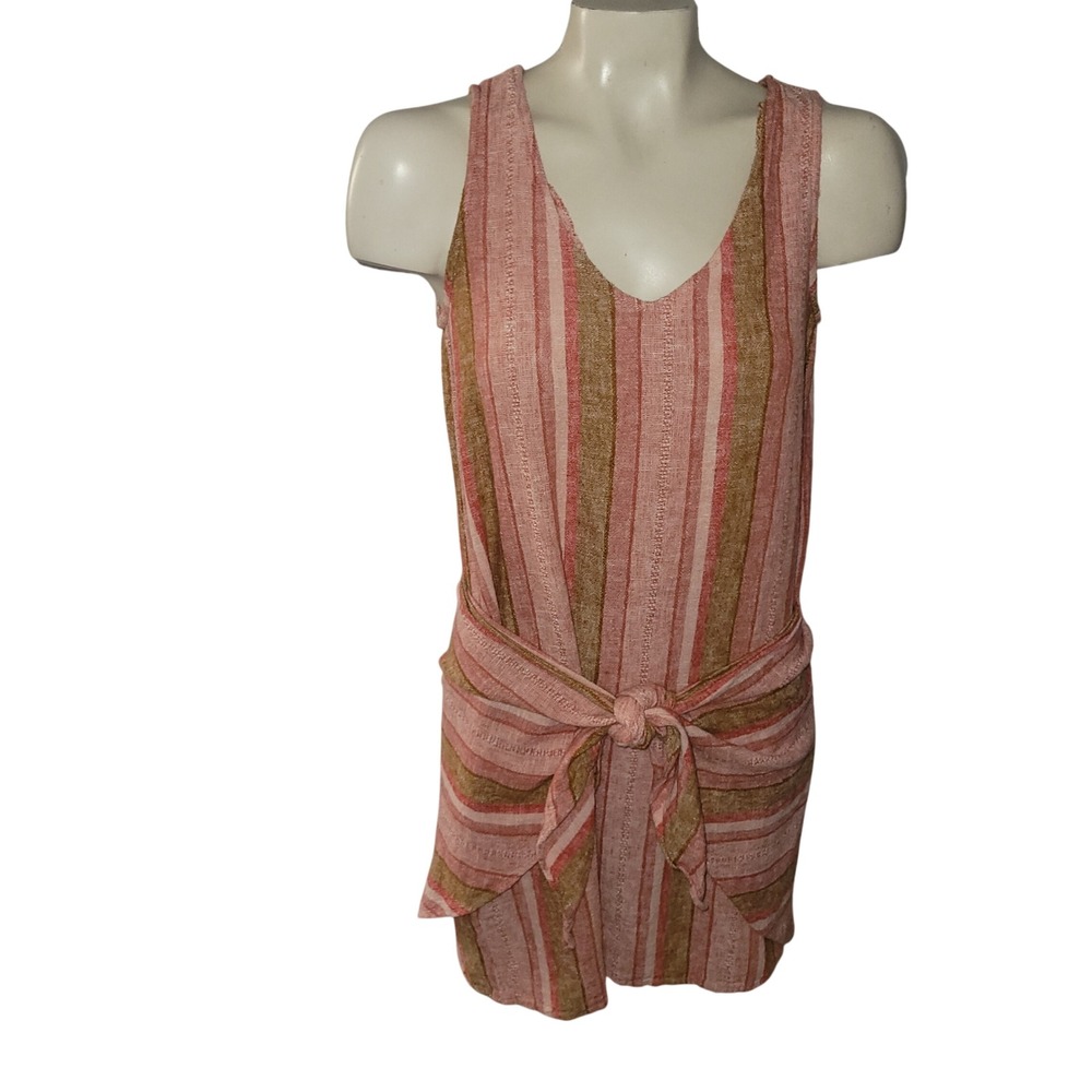 DREW Anthropologie Striped V Neck Sleeveless Tie Waist Mini Dress Linen Blend M